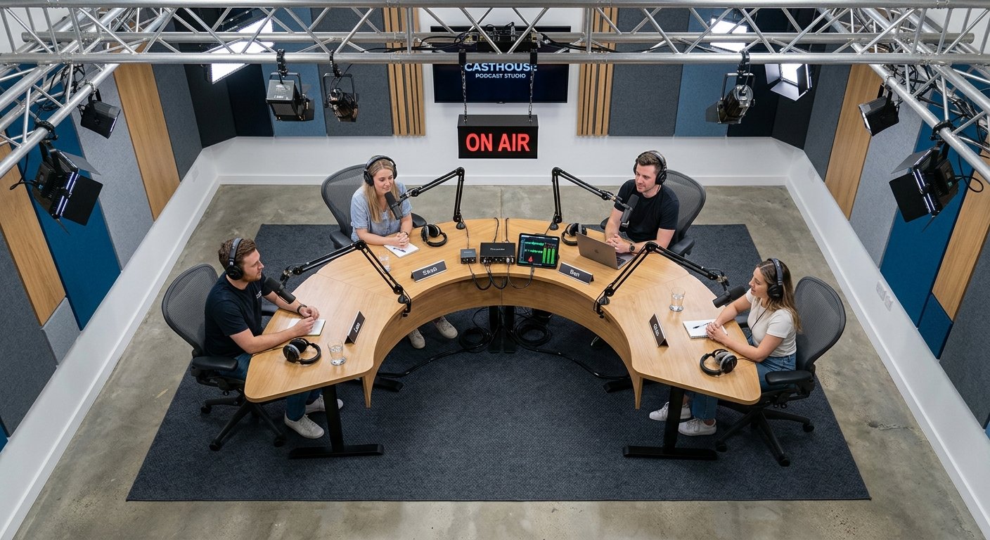 Overhead view of a curved podcast desk arranged for four hosts