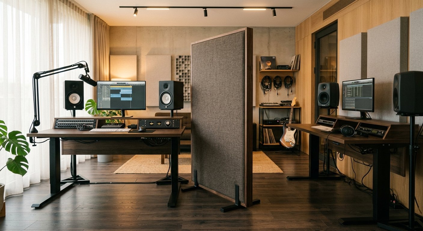 Fabric-wrapped acoustic divider panel between two recording desks