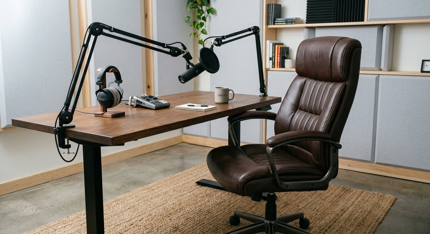 Leather office chair positioned at a podcast recording desk