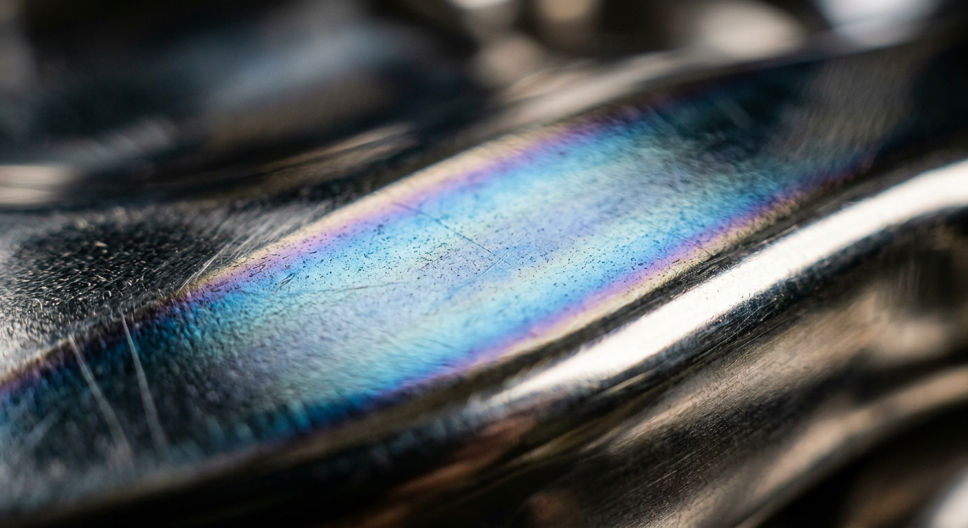 Macro view of polished stainless steel passive oxide layer